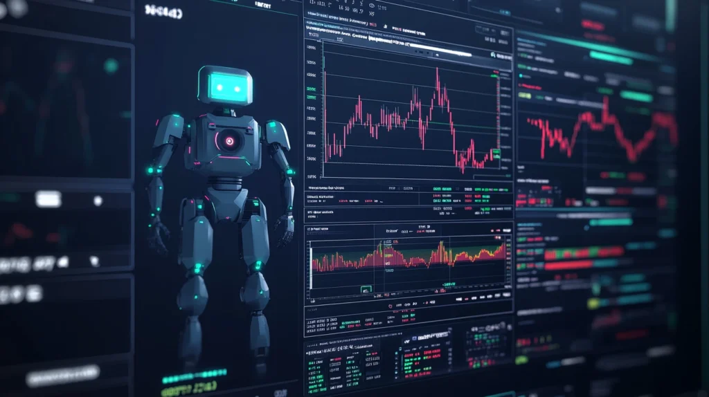 A sleek digital dashboard showing forex charts, indicators, and a robotic or AI element overlaid. This represents the concept of automation and AI in trading